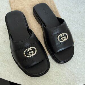 GUCCI 777849 MEN'S BLACK LEATHER INTERLOCKING G SANDALS, Gucci sz 7.5 (US 8)